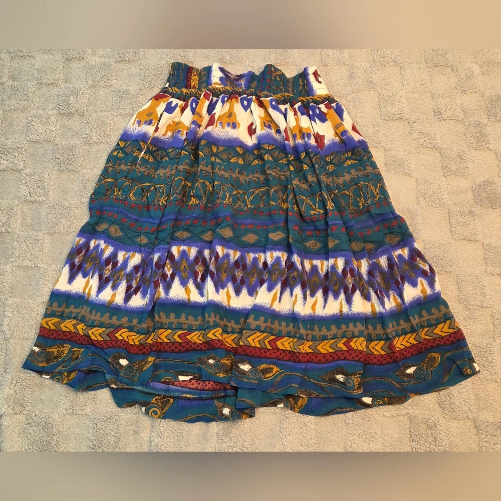 Vibrant Bohemian Print Maxi Skirt with Elastic Waistband-Teal, Blue,Gold Size XS - Picture 1 of 6